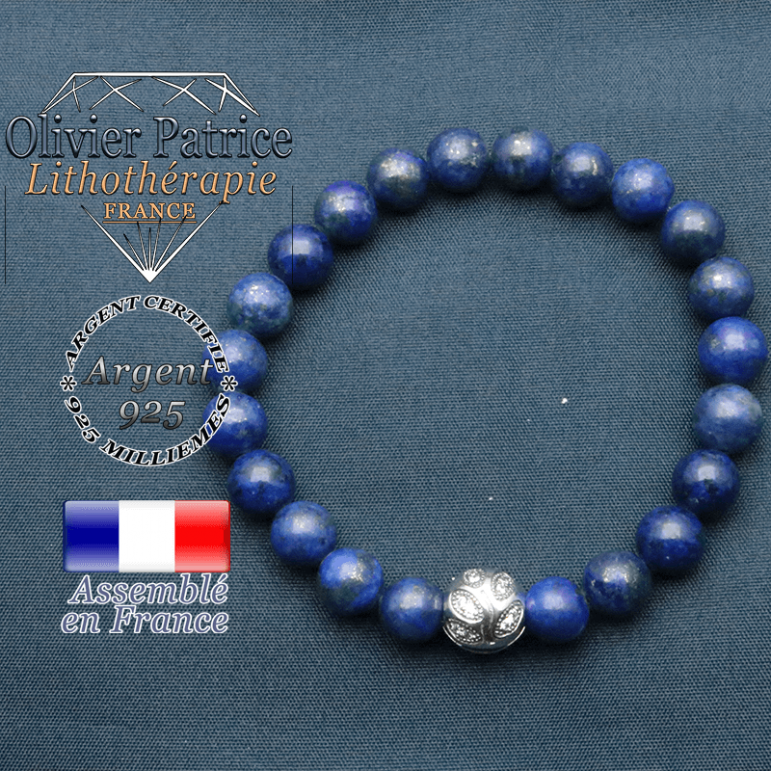 Bracelet surmonté de sa boule gravée de feuilles en argent 925 en pierre naturelle en lapis lazuli