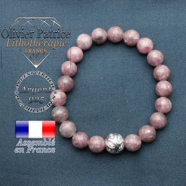 Bracelet surmonté de sa boule gravée de feuilles en argent 925 en pierre naturelle en lepidolite