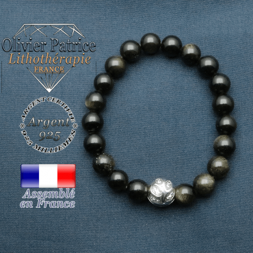Bracelet surmonté de sa boule gravée de feuilles en argent 925 en pierre naturelle en obsidienne dore