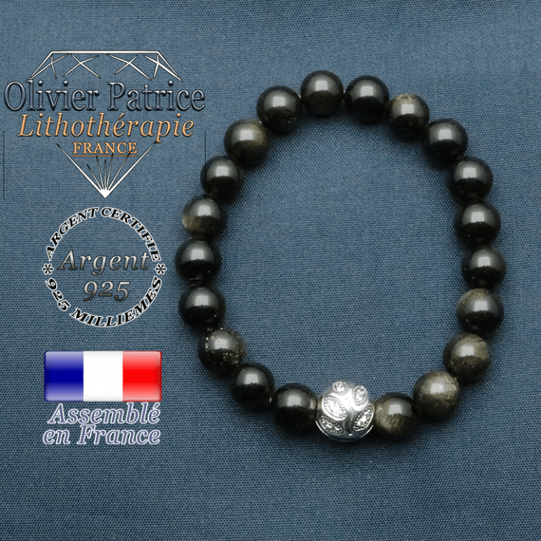 Bracelet surmonté de sa boule gravée de feuilles en argent 925 en pierre naturelle en obsidienne dore