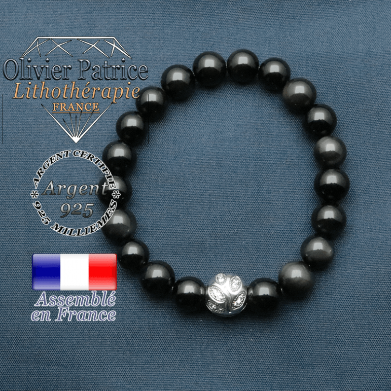 Bracelet surmonté de sa boule gravée de feuilles en argent 925 en pierre naturelle en obsidienne oeil celeste