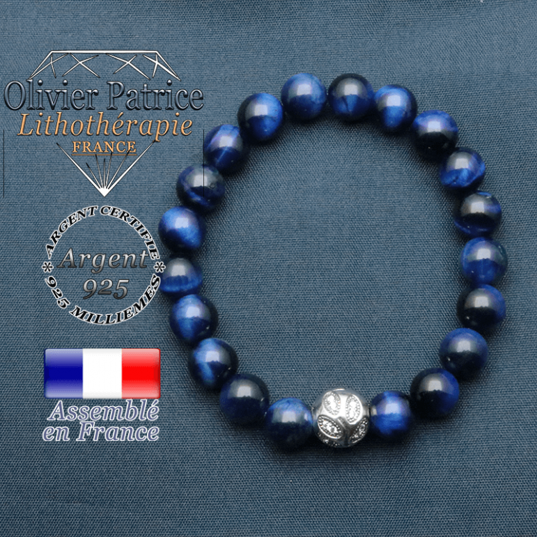 Bracelet surmonté de sa boule gravée de feuilles en argent 925 en pierre naturelle en oeil tigre bleu teinte