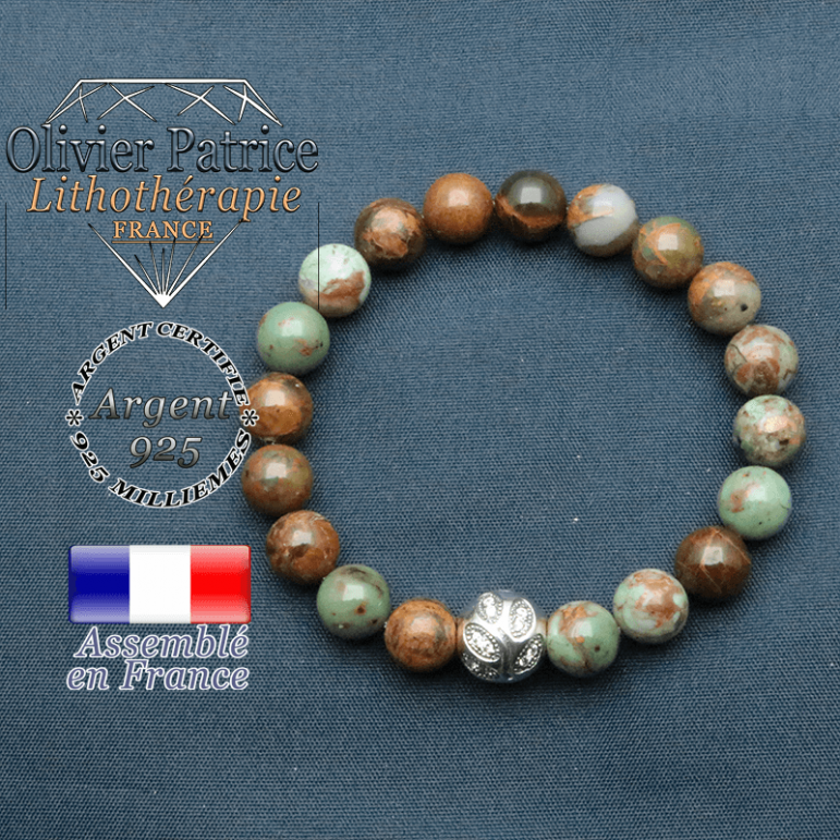 Bracelet surmonté de sa boule gravée de feuilles en argent 925 en pierre naturelle en opale verte africaine
