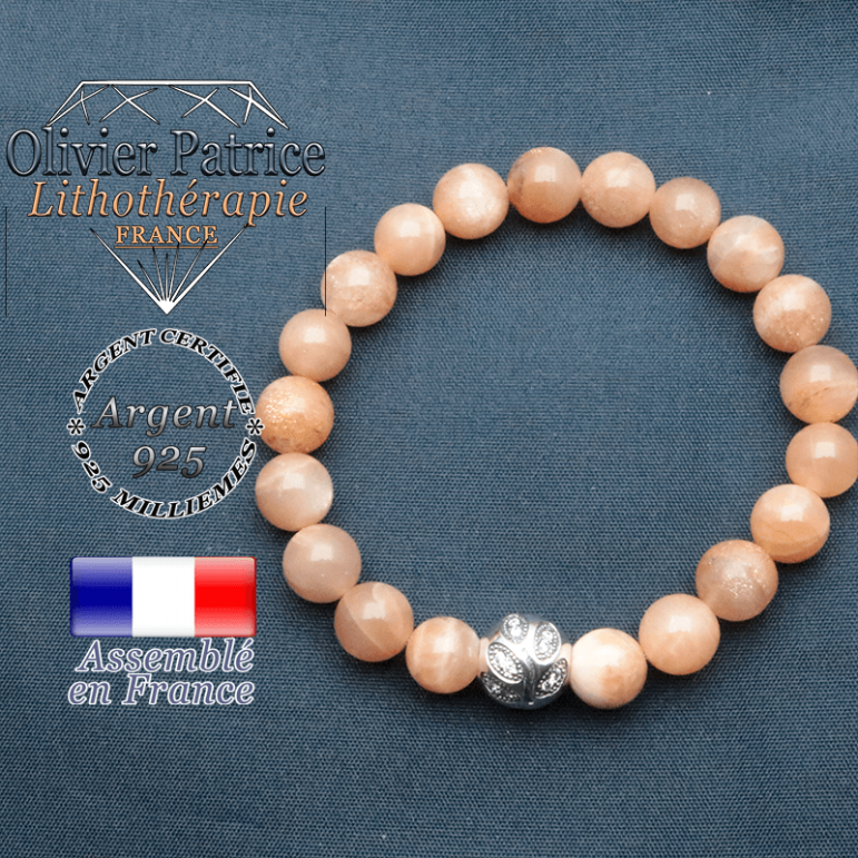 Bracelet surmonté de sa boule gravée de feuilles en argent 925 en pierre naturelle en pierre de soleil
