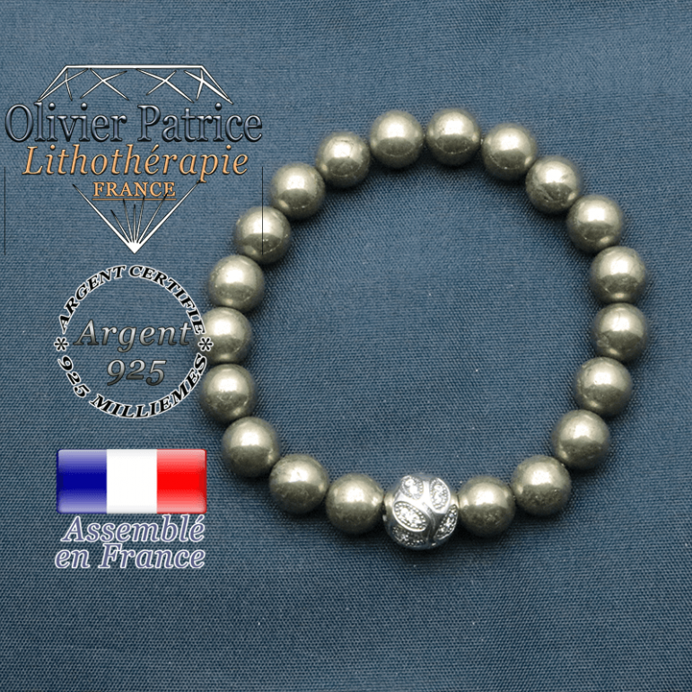 Bracelet surmonté de sa boule gravée de feuilles en argent 925 en pierre naturelle en pyrite