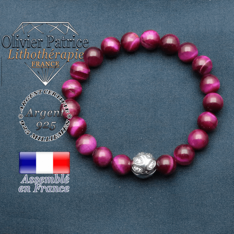 Bracelet surmonté de sa boule gravée de feuilles en argent 925 en pierre naturelle en  oeil tigre teinte violette