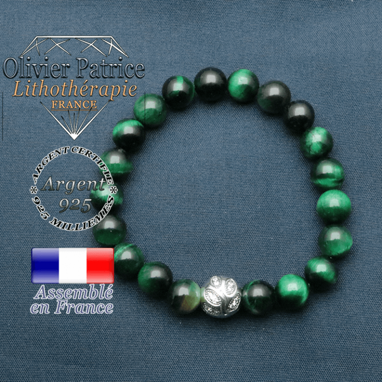 Bracelet surmonté de sa boule gravée de feuilles en argent 925 en pierre naturelle en oeil tigre vert teinte