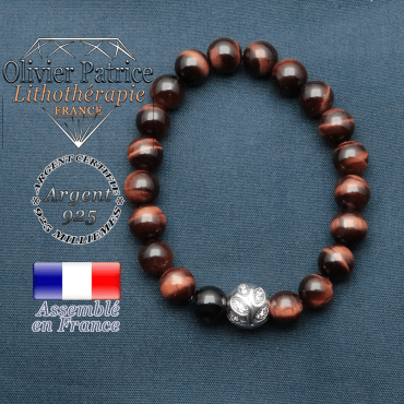 Bracelet surmonté de sa boule gravée de feuilles en argent 925 en pierre naturelle en oeil de taureau