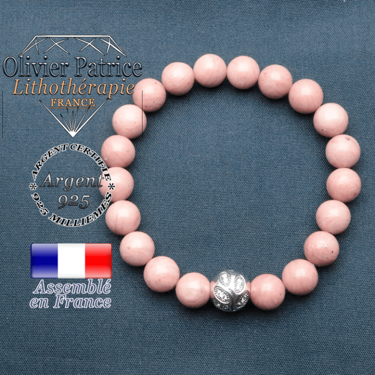 Bracelet surmonté de sa boule gravée de feuilles en argent 925 en pierre naturelle en rhochrosite