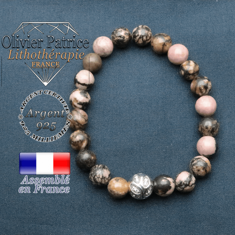 Bracelet surmonté de sa boule gravée de feuilles en argent 925 en pierre naturelle en rhodonite