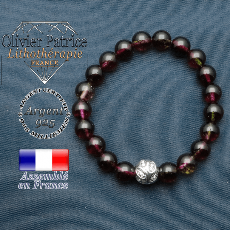 Bracelet surmonté de sa boule gravée de feuilles en argent 925 en pierre naturelle en tourmaline melon d'eau