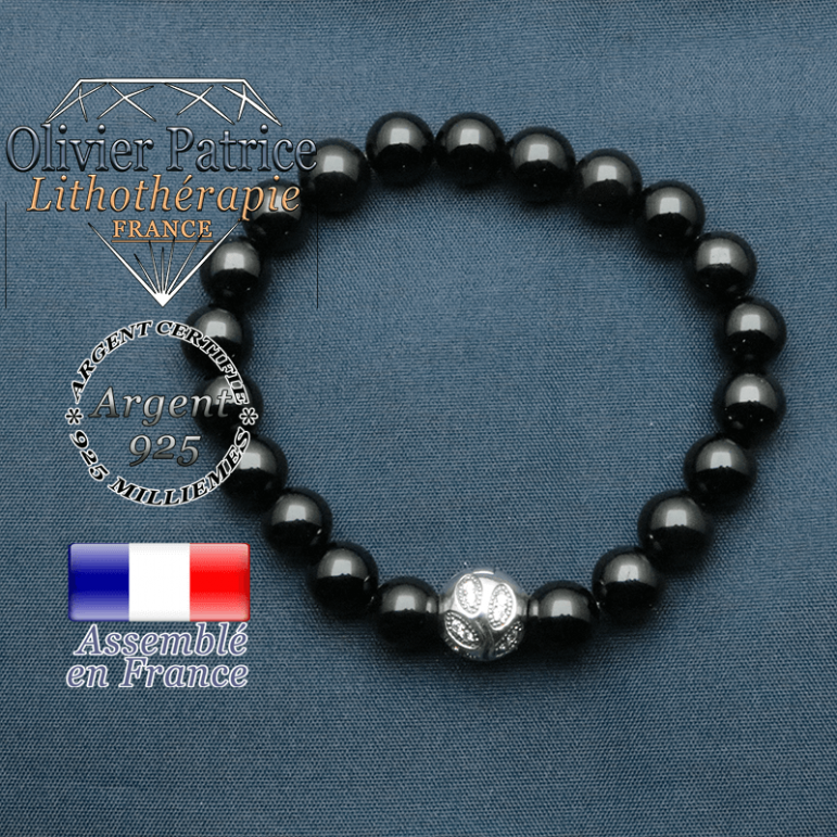 Bracelet surmonté de sa boule gravée de feuilles en argent 925 en pierre naturelle en tourmaline