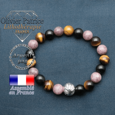 Bracelet protection pour femme avec une boule feuille gravée en argent 925 : lépidolite, oeil de tigre et obsidienne
