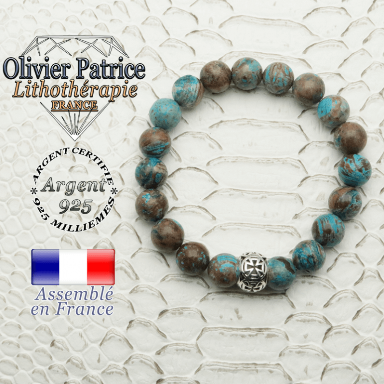 Bracelet agate crazy lace bleu et boule croix templier en 8 mm et argent 925