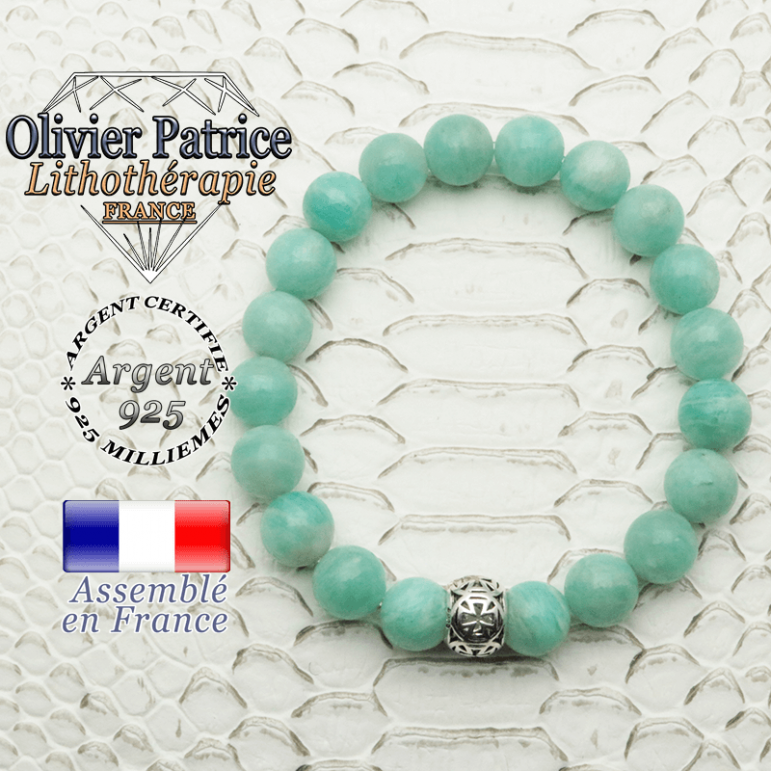 Bracelet amazonite et boule croix templier en 8 mm et argent 925