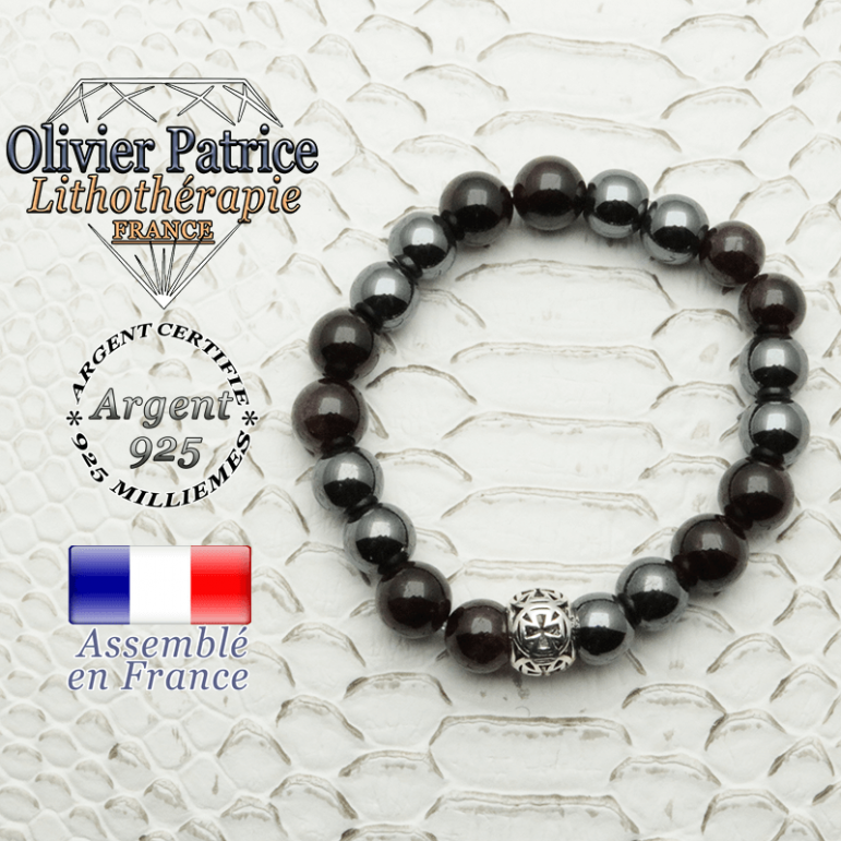 Bracelet grenat et hématite avec boule croix en 8 mm et argent 925