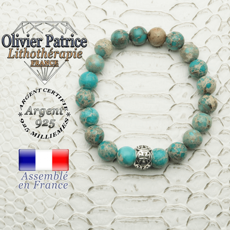 Bracelet agate dentelle et boule croix templier en 8 mm et argent 925
