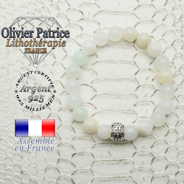 Bracelet opale verte péruvienne et boule croix templier en 8 mm et argent 925
