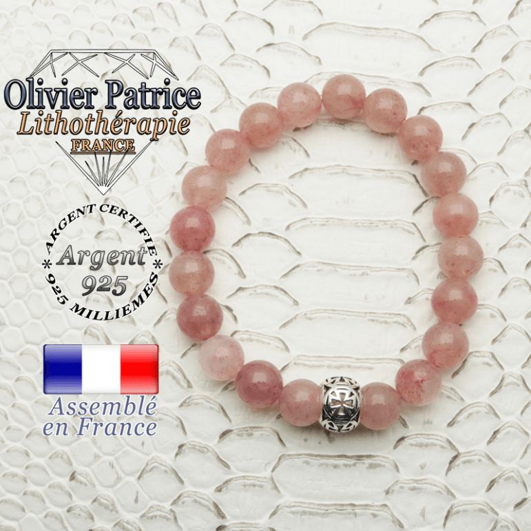 Bracelet quartz fraise lépidocrocite et boule croix en 8 mm et argent 925
