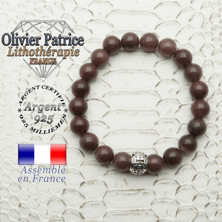 Bracelet quartz vin et boule croix templier en 8 mm et argent 925