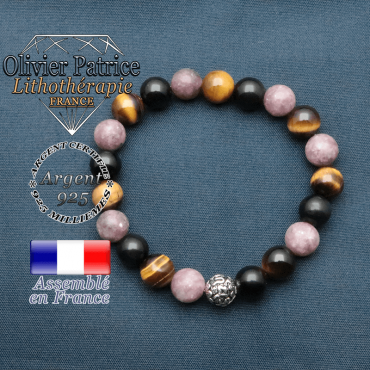 bracelet en pierre naturelle protection lepdilote obsidenne oeil de tigre et sa boule de finition om mani en argent plaqué