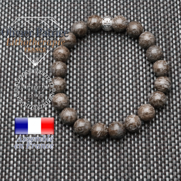 bracelet  pierre naturelle en obsidienne neige brun et sa boule croix en argent 925