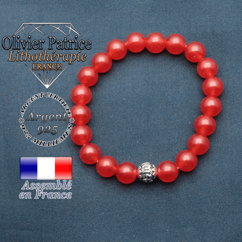 bracelet en pierre naturelle en agate rouge et sa boule de finition om mani en argent 925