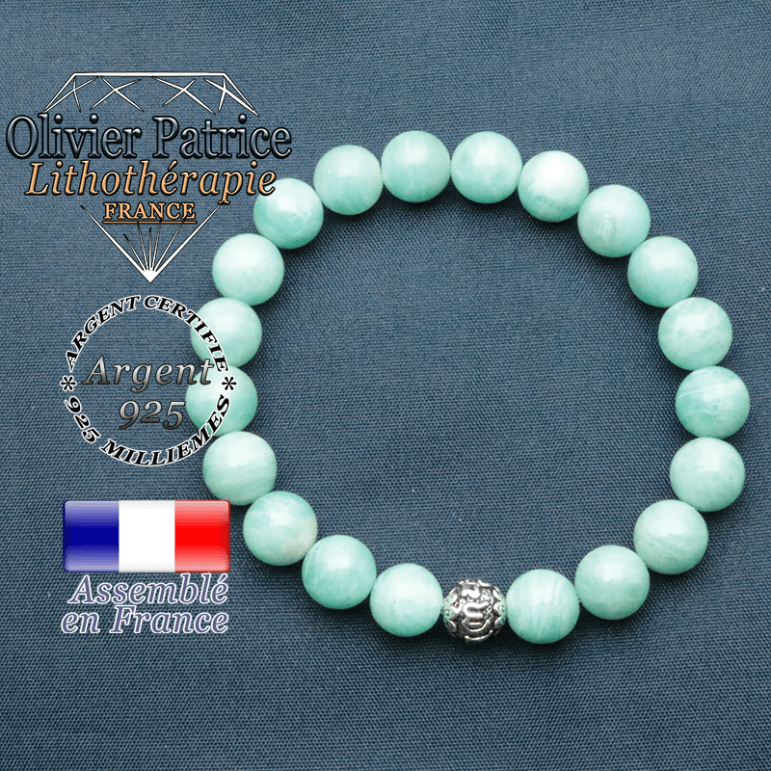bracelet en pierre naturelle en amazonite et sa boule de finition om mani en argent 925
