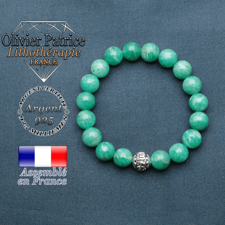 bracelet en pierre naturelle en amazonite de russie et sa boule de finition om mani en argent 925