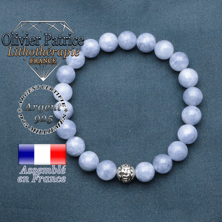 bracelet en pierre naturelle en angelite  et sa boule de finition om mani en argent 925