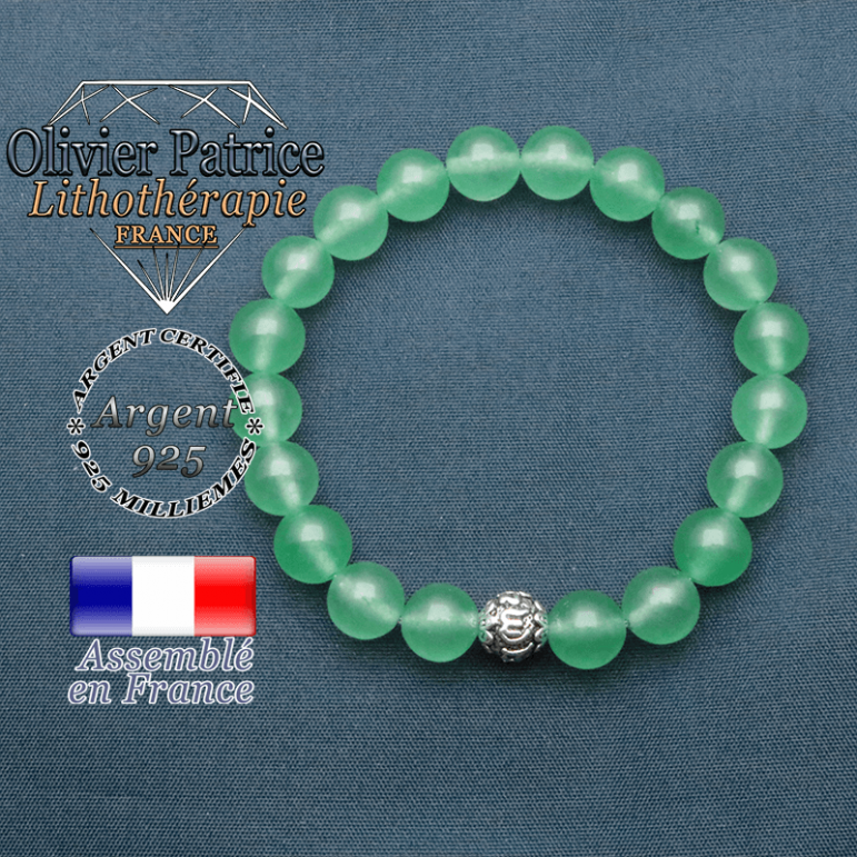 bracelet en pierre naturelle en aventurine et sa boule de finition om mani en argent 925