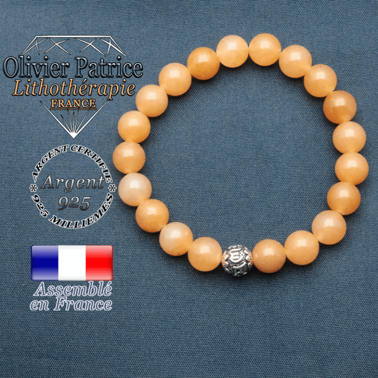 bracelet en pierre naturelle en aventurine orange et sa boule de finition om mani en argent 925