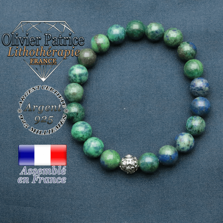 bracelet en pierre naturelle en azurite malachite et sa boule de finition om mani en argent 925
