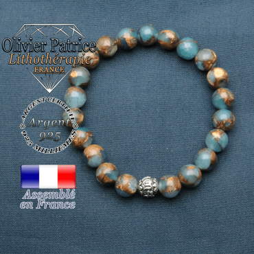 bracelet en pierre naturelle en bornite et sa boule de finition om mani en argent 925