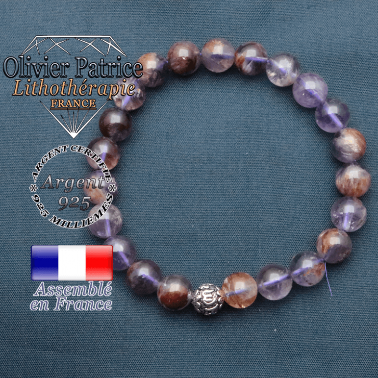 bracelet en pierre naturelle en cacoxenite  et sa boule de finition om mani en argent 925