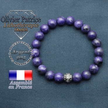 bracelet en pierre naturelle en charoite et sa boule de finition om mani en argent 925