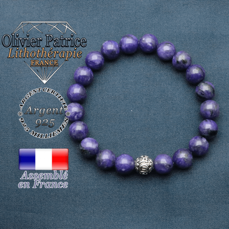 bracelet en pierre naturelle en charoite et sa boule de finition om mani en argent 925