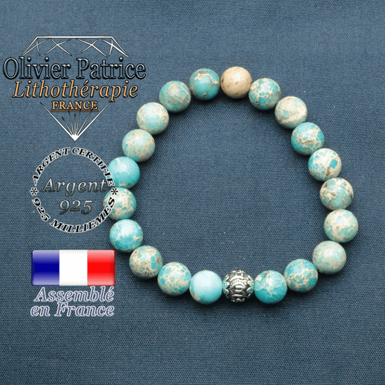 bracelet en pierre naturelle en agate dentelle et sa boule de finition om mani en argent 925