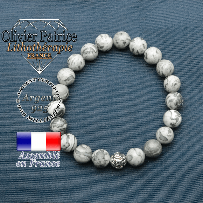 bracelet en pierre naturelle en jaspe crazy lace gris et sa boule de finition om mani en argent plaqué