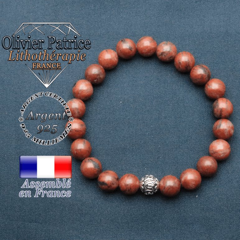 bracelet en pierre naturelle en jaspe rouge et sa boule de finition om mani en argent plaqué