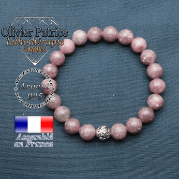bracelet en pierre naturelle en lepidolite et sa boule de finition om mani en argent plaqué