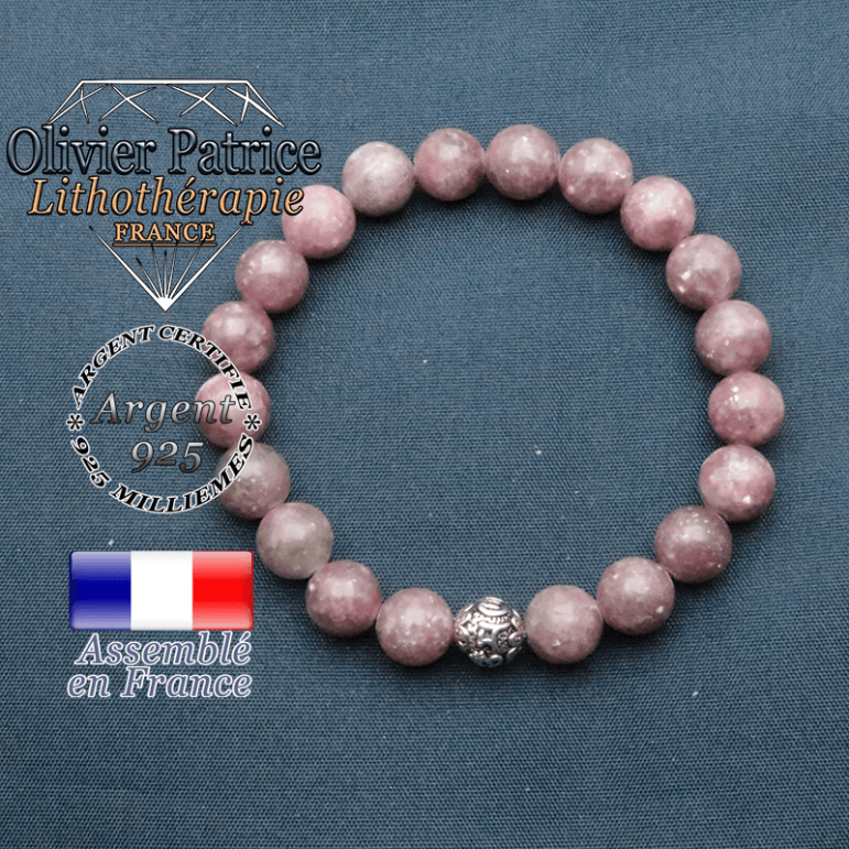 bracelet en pierre naturelle en lepidolite et sa boule de finition om mani en argent plaqué