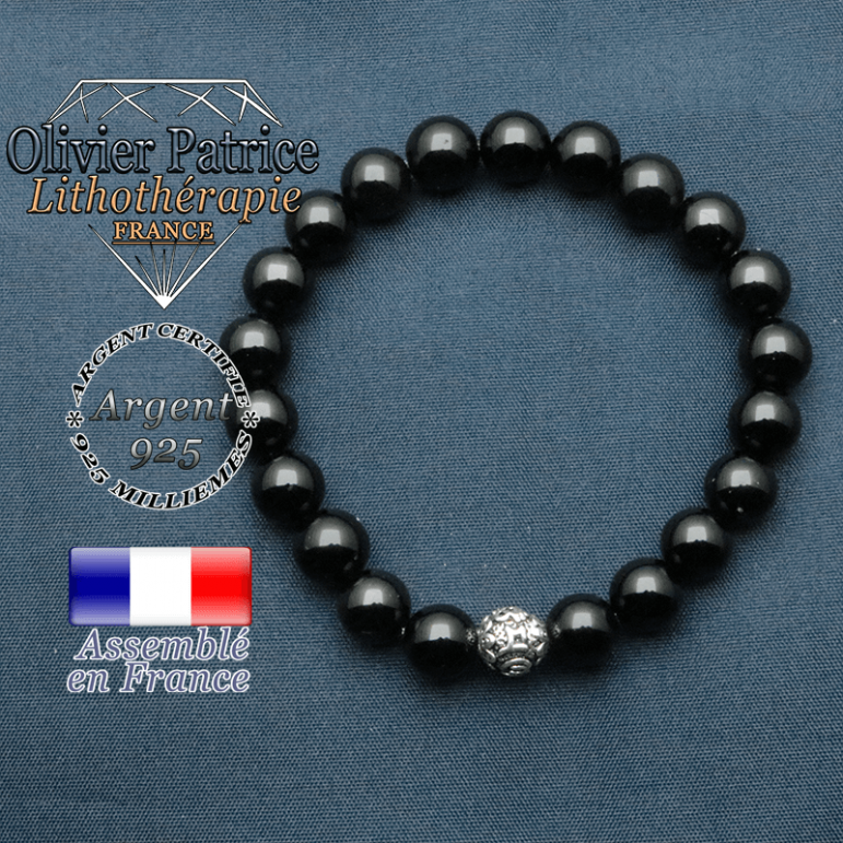 bracelet en pierre naturelle en obsidienne et sa boule de finition om mani en argent plaqué