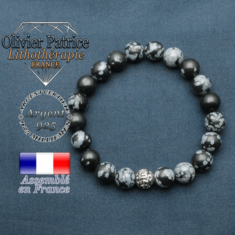 bracelet en pierre naturelle en obsidienne neige et sa boule de finition om mani en argent plaqué
