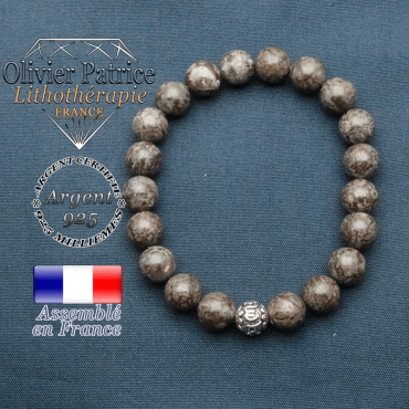bracelet en pierre naturelle en obsidienne neige brune et sa boule de finition om mani en argent plaqué