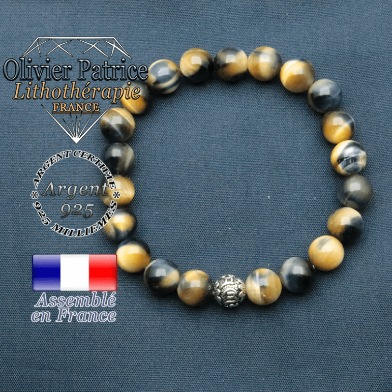 bracelet en pierre naturelle en oeil de faucon oeil tigre bleu et sa boule de finition om mani en argent plaqué