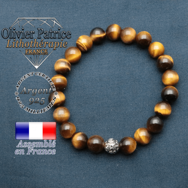 bracelet en pierre naturelle en oeil de tigre  et sa boule de finition om mani en argent plaqué