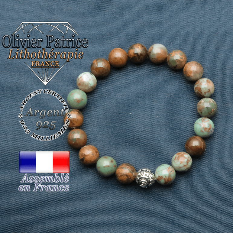 bracelet en pierre naturelle en opale verte africaine et sa boule de finition om mani en argent plaqué