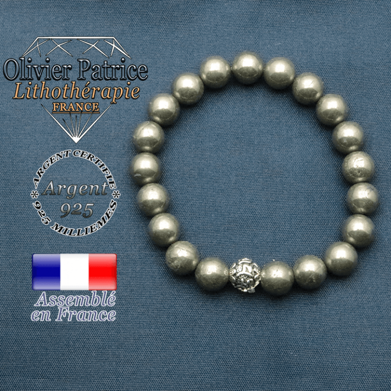 bracelet en pierre naturelle en pyrite  et sa boule de finition om mani en argent plaqué