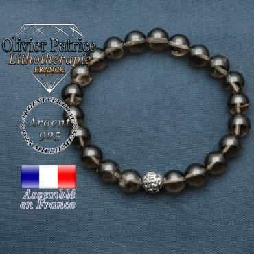 bracelet en pierre naturelle en quartz fume et sa boule de finition om mani en argent plaqué